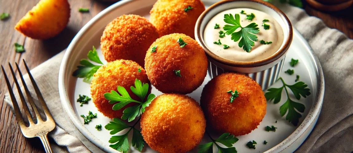 Bolinhos de bacalhau, crujientes bolitas de bacalao frito, servidas con una salsa cremosa y decoradas con perejil.