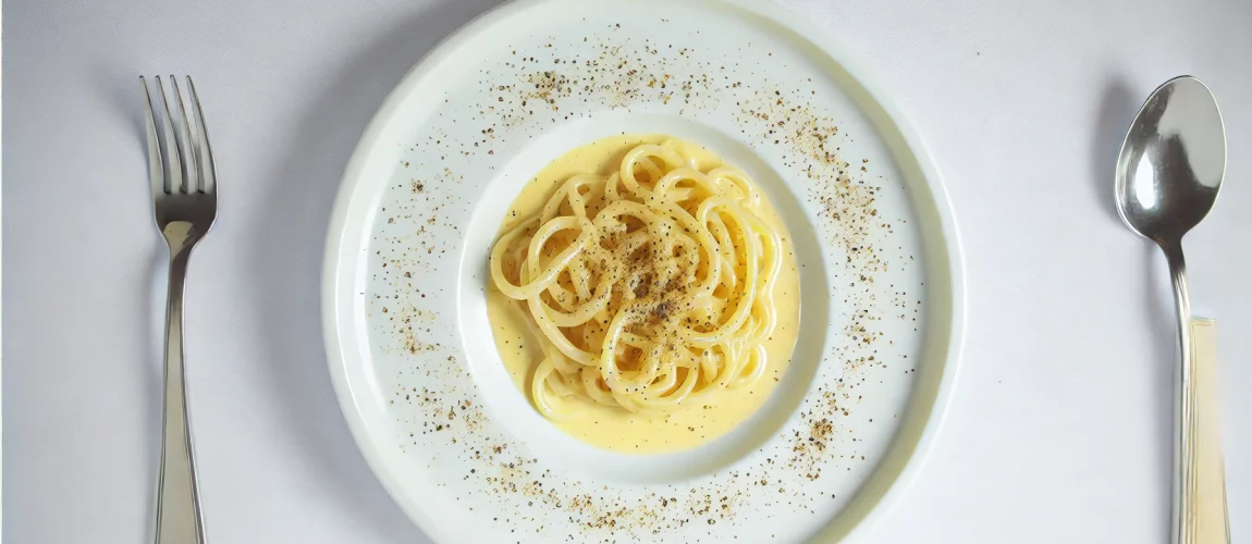 Primer plano de un plato de Cacio e Pepe, un plato sencillo de espaguetis cubiertos con una cremosa salsa de queso y pimienta negra molida. El plato está dispuesto sobre un mantel blanco con un tenedor a la izquierda y una cuchara a la derecha, ambos utensilios de metal brillante.
