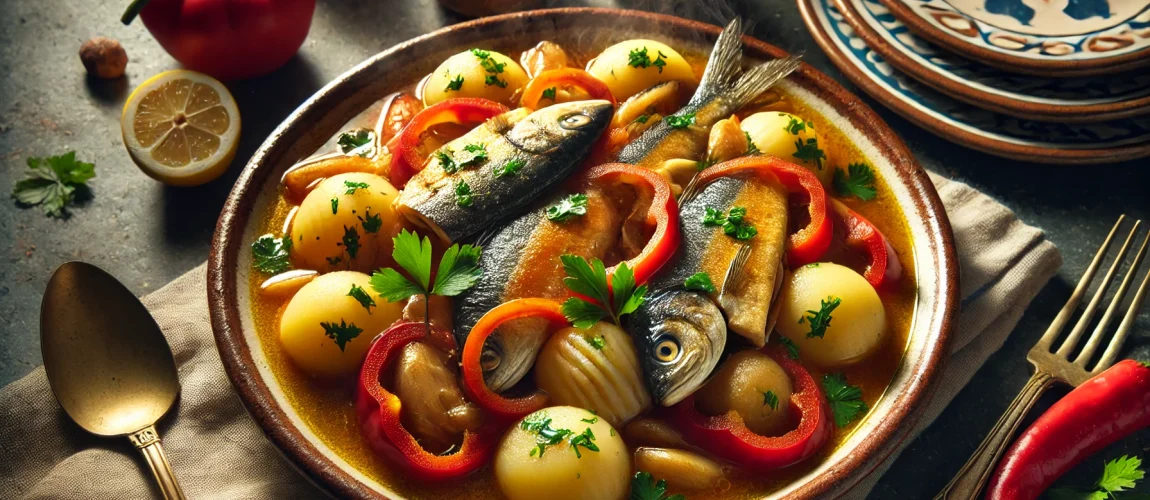 Guiso tradicional de caldeirada de peixe con pescados variados y vegetales en una cazuela de barro, servido caliente y adornado con perejil fresco.