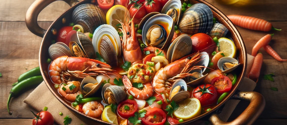 Una Cataplana de Mariscos con camarones, almejas, y mejillones, adornada con tomates y rodajas de limón.