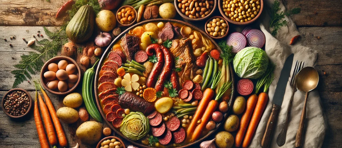 Cozido à Moda dos Arcos: un guiso portugués tradicional con carnes, embutidos, y verduras en una mesa rústica.