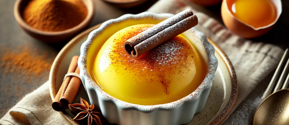 Doce de Ovos, un postre tradicional portugués presentado en una cazuela de cerámica, espolvoreado con canela.