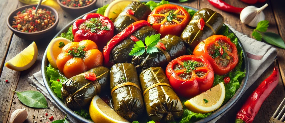 Imagen de dolma turco, con pimientos, tomates y hojas de parra rellenos de arroz, carne y especias, servidos en un plato grande.