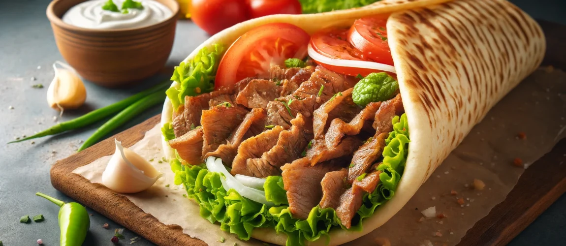 Imagen de un Döner Kebab servido en pan pita, con carne jugosa y dorada, acompañada de lechuga, tomates, cebolla y una salsa de yogur.