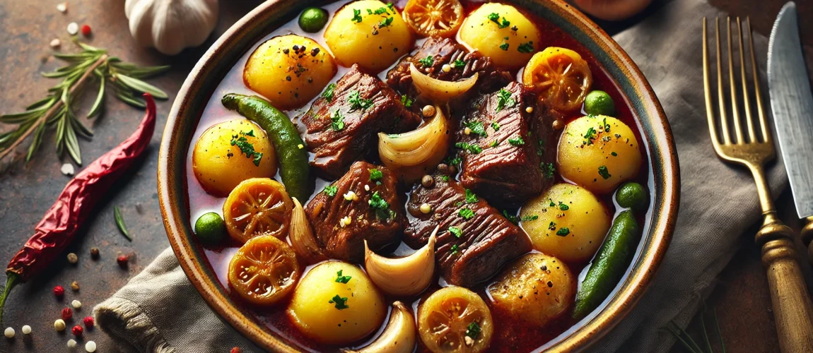 Un plato de ensopado de borrego, guiso de cordero con patatas y cebollas en un caldo especiado.