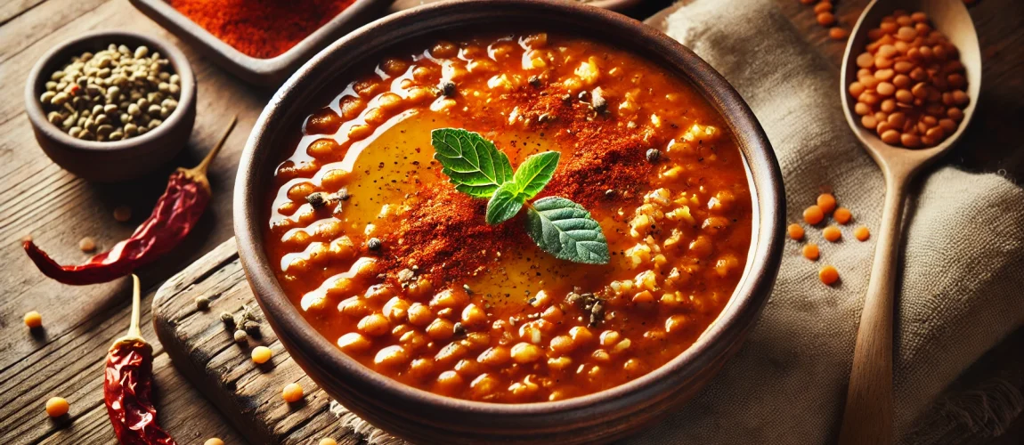 Imagen de Ezogelin Çorbası, una sopa turca tradicional de lentejas rojas, bulgur y arroz, servida en un cuenco rústico y decorada con menta seca y mantequilla con pimentón.