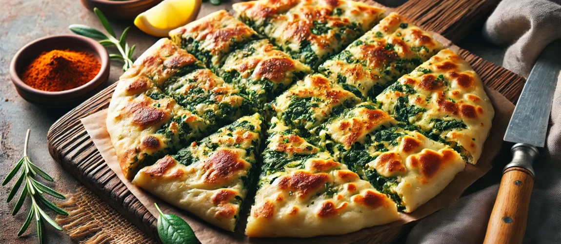 Imagen de Gözleme, un pan plano turco relleno de espinacas y queso, cocido hasta dorarse y servido en una tabla de madera.