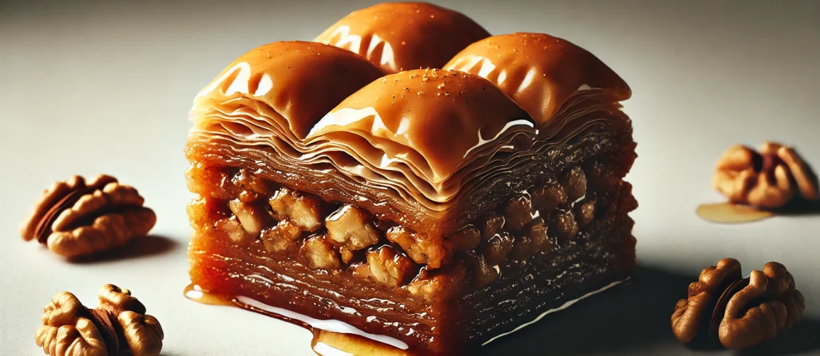 Primer plano de un baklava griego con capas de masa filo, relleno de nueces y almendras, bañado en sirope de miel.