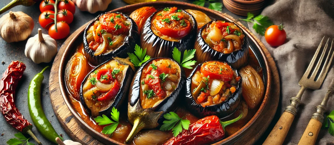 Imán Bayildi, un plato turco de berenjenas rellenas con un guiso de cebolla, ajo, tomate y pimientos, cocidas en aceite de oliva.