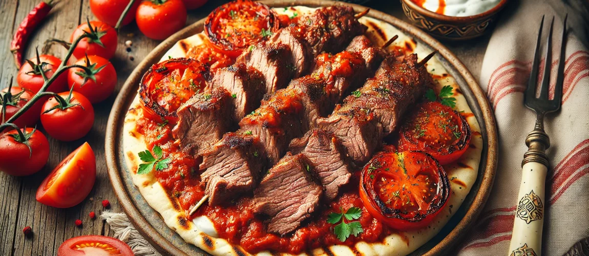 Imagen de un İskender Kebab con carne dorada, servido sobre pan pita, con salsa de tomate y acompañado de tomates asados y yogur.