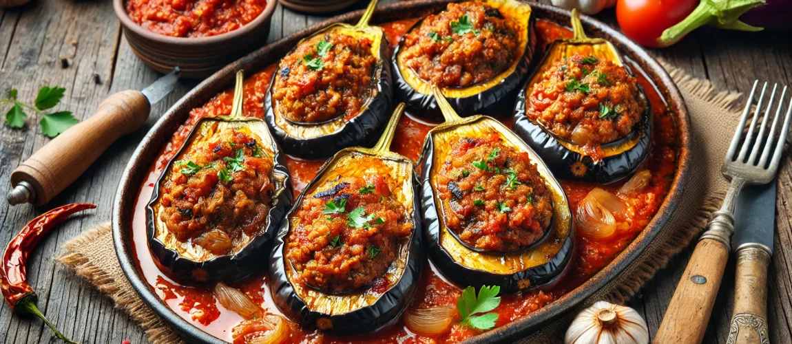 Imagen de Karnıyarık, un plato turco de berenjenas rellenas con carne picada, cebolla, ajo, tomate y especias, horneadas con salsa de tomate.