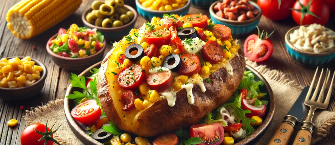 Imagen de Kumpir, una papa al horno turca rellena de maíz, aceitunas, salchichas y otros ingredientes, servida en un plato rústico.