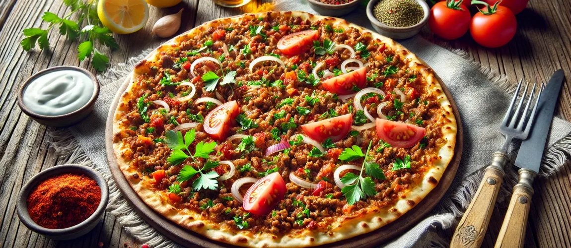 Imagen de un lahmacun, un plato turco tradicional de pan plano delgado, cubierto con carne picada sazonada, rodajas de tomate, cebolla y perejil fresco, acompañado de rodajas de limón y un cuenco de salsa de yogur.