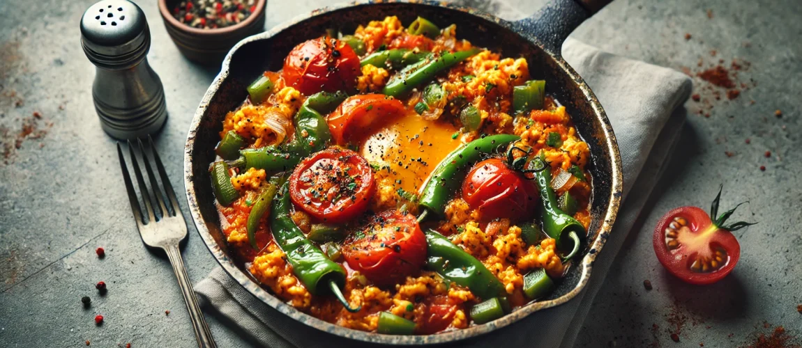 Imagen de Menemen, un plato turco de huevos revueltos cocinados con tomates, pimientos verdes y cebolla, servido en una sartén rústica.