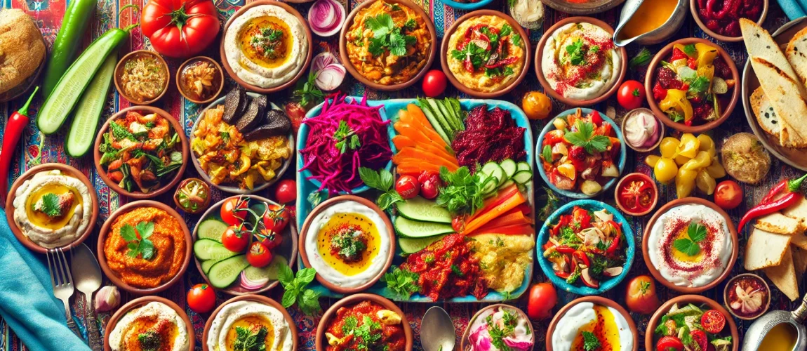 Imagen de un meze turco colorido, con una variedad de pequeños platos como hummus, ensaladas, dips, y vegetales, servidos en coloridas fuentes sobre un mantel con patrones vibrantes.