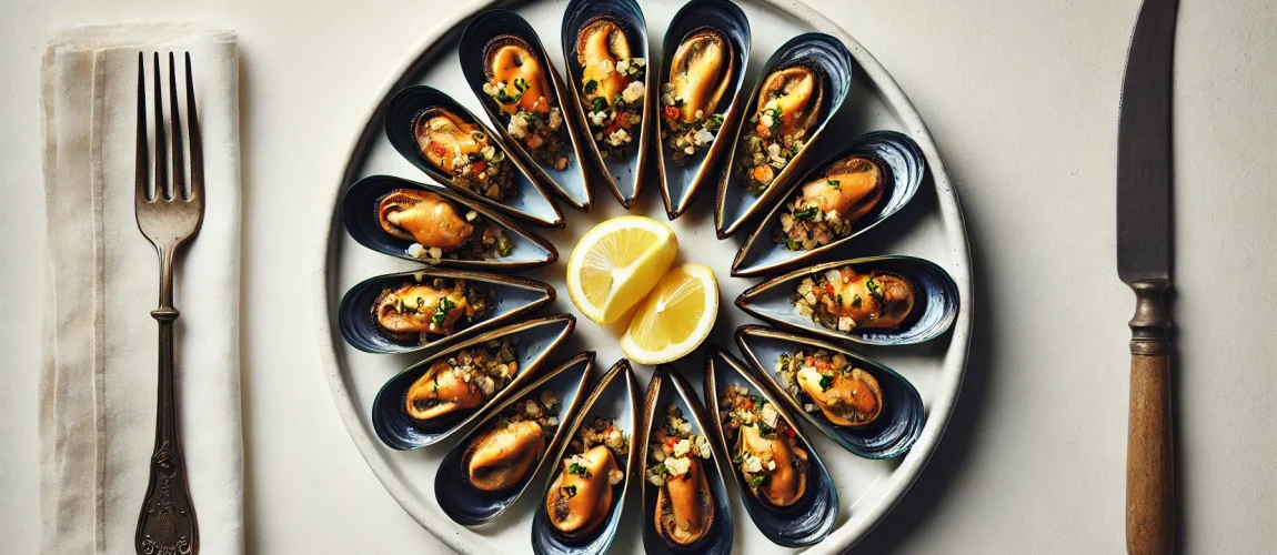 Midye Dolma dispuestos simétricamente en un plato blanco con rodajas de limón en el centro.
