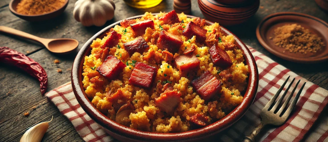 Un plato de migas à alentejana con trozos de carne de cerdo y acompañamientos en una mesa rústica.