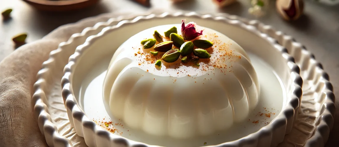 Imagen de un plato de Muhallebi, un postre tradicional de la cocina turca y del Medio Oriente, con textura cremosa, decorado con pistachos y pétalos de rosa.