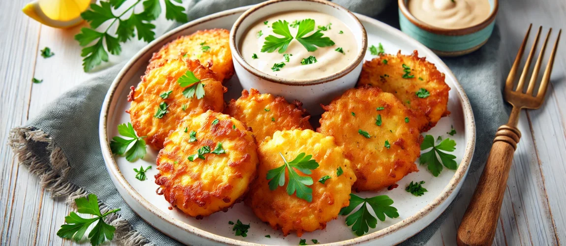 Pataniscas de bacalhau fritas servidas con una salsa blanca y decoradas con perejil.