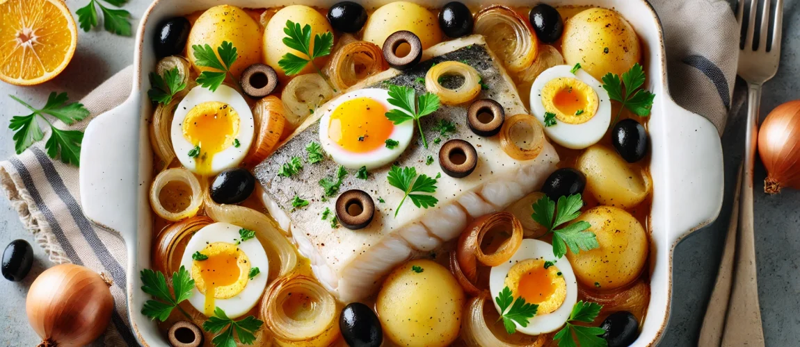 Pescada à Gomes de Sá, un plato tradicional portugués con pescado al horno, patatas cocidas, rodajas de huevo duro, aceitunas negras y cebolla.