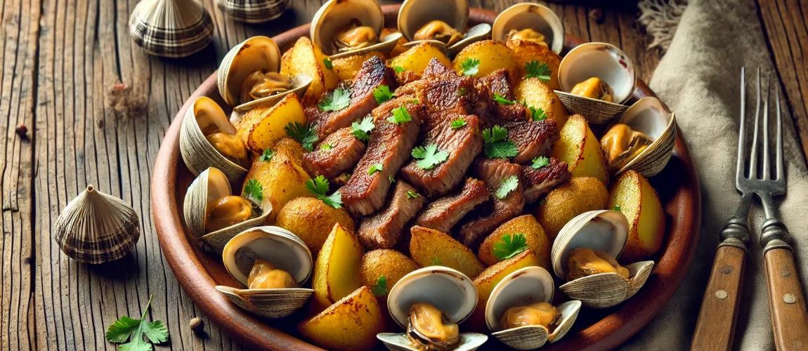 Porco à Alentejana, un plato portugués de carne de cerdo marinada con almejas y patatas doradas, presentado en un plato de cerámica rústica.
