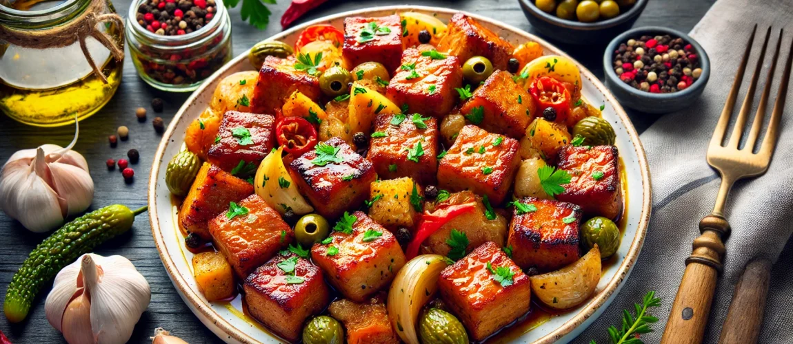 Un plato de rojões à minhota, carne de cerdo cocida con patatas y verduras, acompañado de aceitunas y especias.