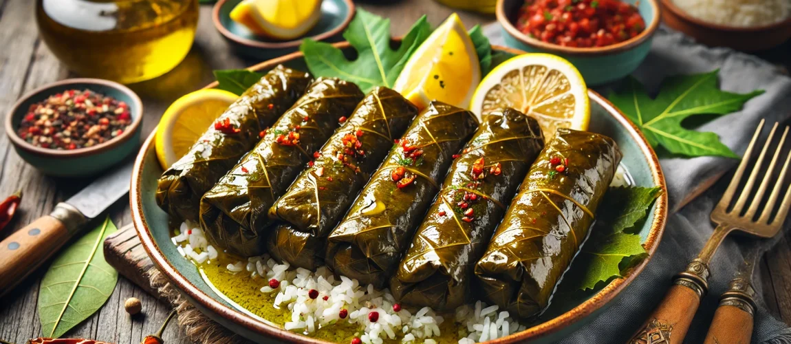 Imagen de Sarma, un plato turco de hojas de parra rellenas con arroz, carne y especias, servido con limón y hierbas frescas.