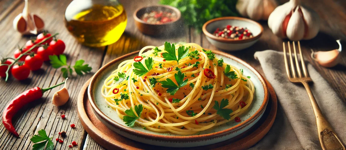 Plato de Spaghetti Aglio e Olio con perejil fresco y copos de pimiento rojo, servido sobre una mesa rústica.