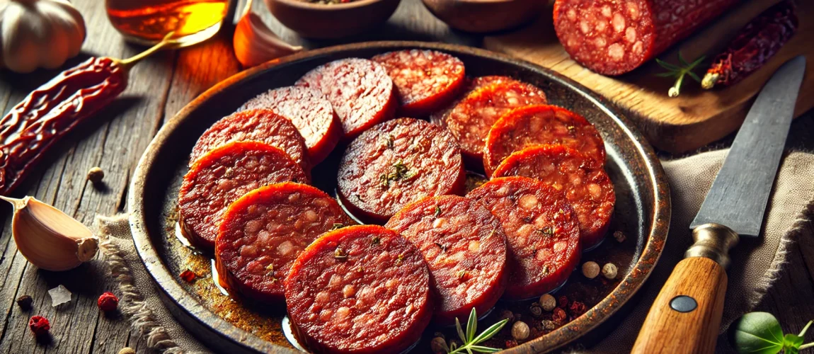 Imagen de Sucuk, un embutido turco cortado en rodajas y cocido hasta dorarse, servido en un plato rústico.