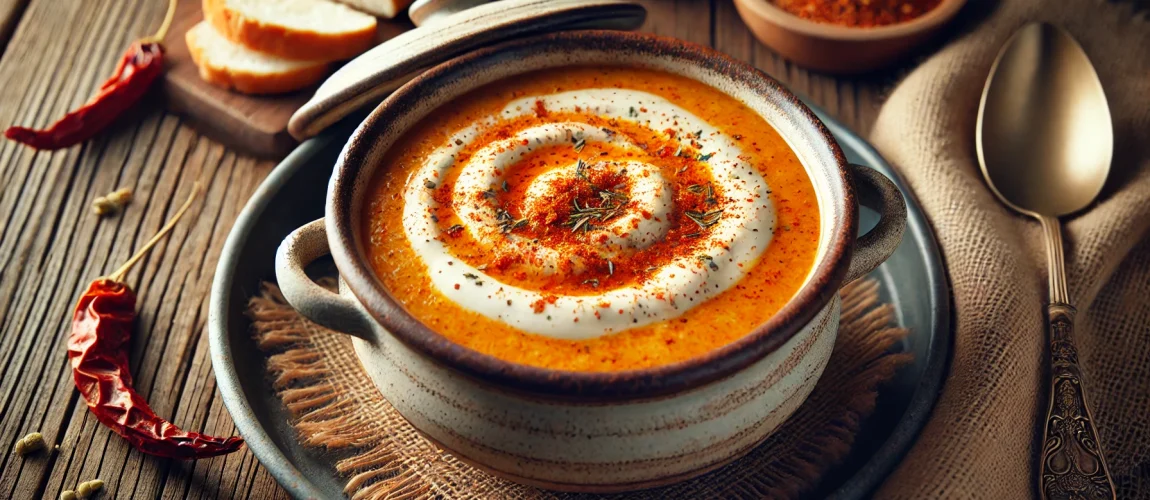 Imagen de Tarhana Çorbası, una sopa tradicional turca de color anaranjado, servida en un cuenco rústico y decorada con hierbas secas.