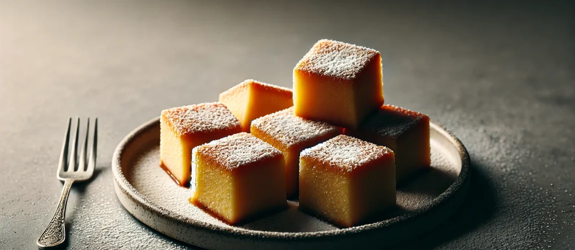 Pequeños cubos de toucinho do céu, un dulce portugués hecho con almendra y huevo, espolvoreados con azúcar glas.