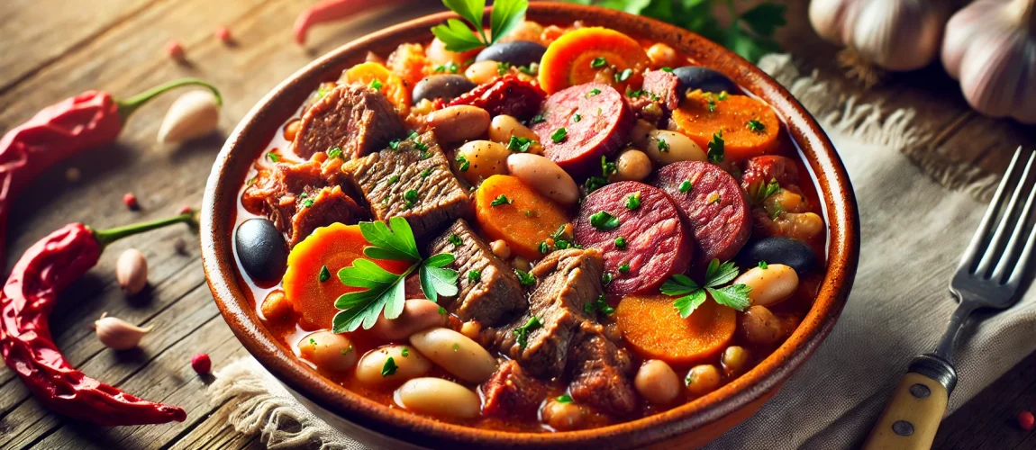 Plato tradicional portugués Tripas à Moda do Porto, mostrando callos, chorizo, y morcilla con judías blancas y vegetales en un cuenco de cerámica rústica, adornado con perejil fresco.