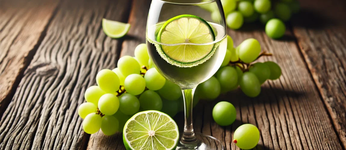 Copa de Vinho Verde con una rodaja de lima, acompañada de un racimo de uvas verdes frescas sobre una mesa de madera rústica.