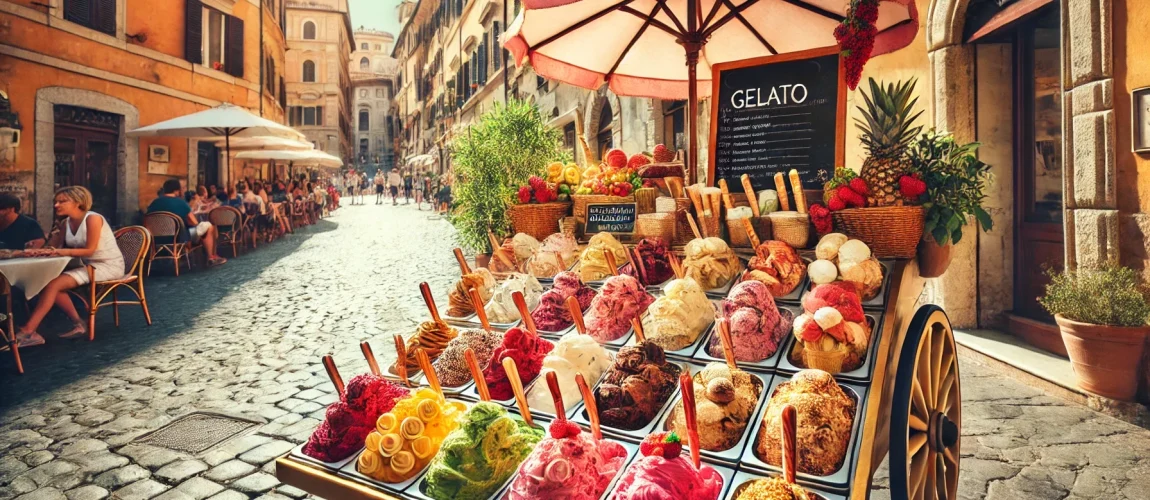 Puesto de gelato en una pintoresca calle italiana, con variedad de sabores coloridos y personas disfrutando del postre.