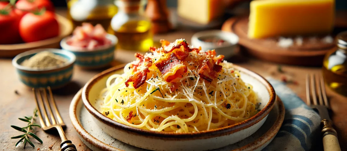 Plato de spaghetti alla carbonara con guanciale crujiente, queso Pecorino rallado y pimienta negra recién molida, servido en un plato de cerámica.