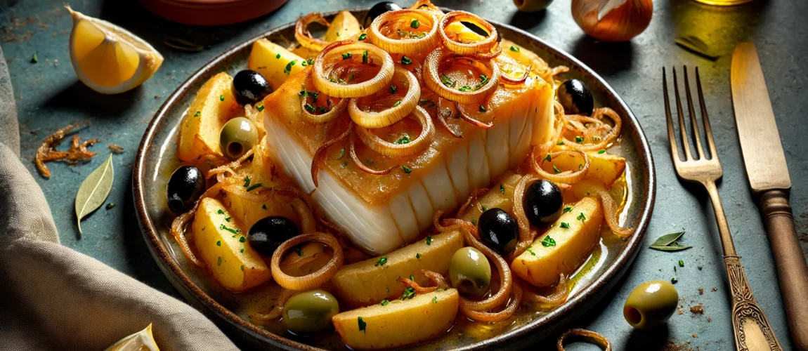 Bacalhau à Braga al horno con cebollas caramelizadas, servido sobre patatas fritas y acompañado de aceitunas verdes y negras.
