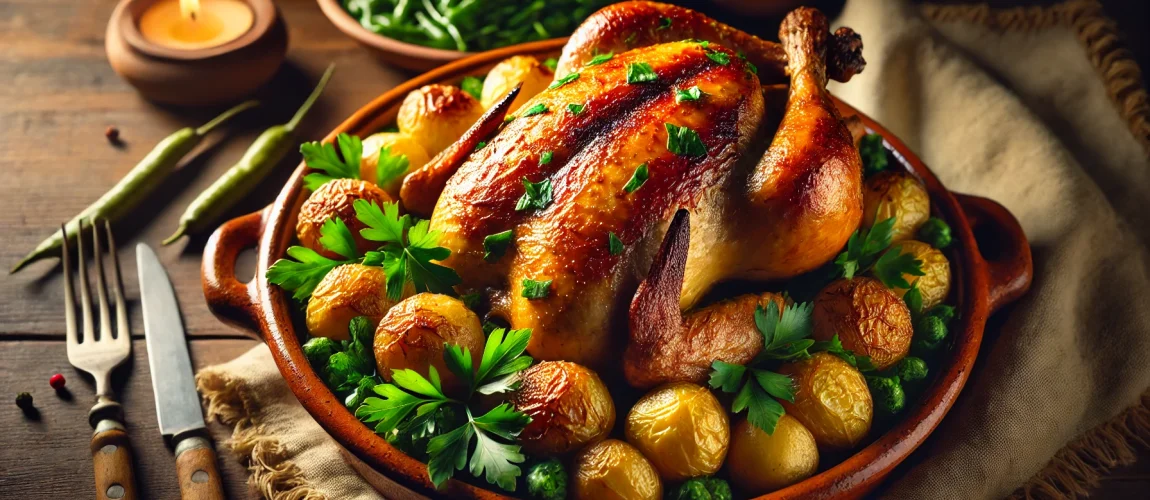 Pollo asado dorado servido en una fuente de barro con patatas asadas y grelos verdes, adornado con perejil fresco.