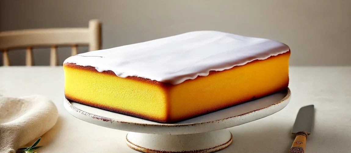 Bolinhol de Vizela, un bizcocho rectangular cubierto con un glaseado brillante.