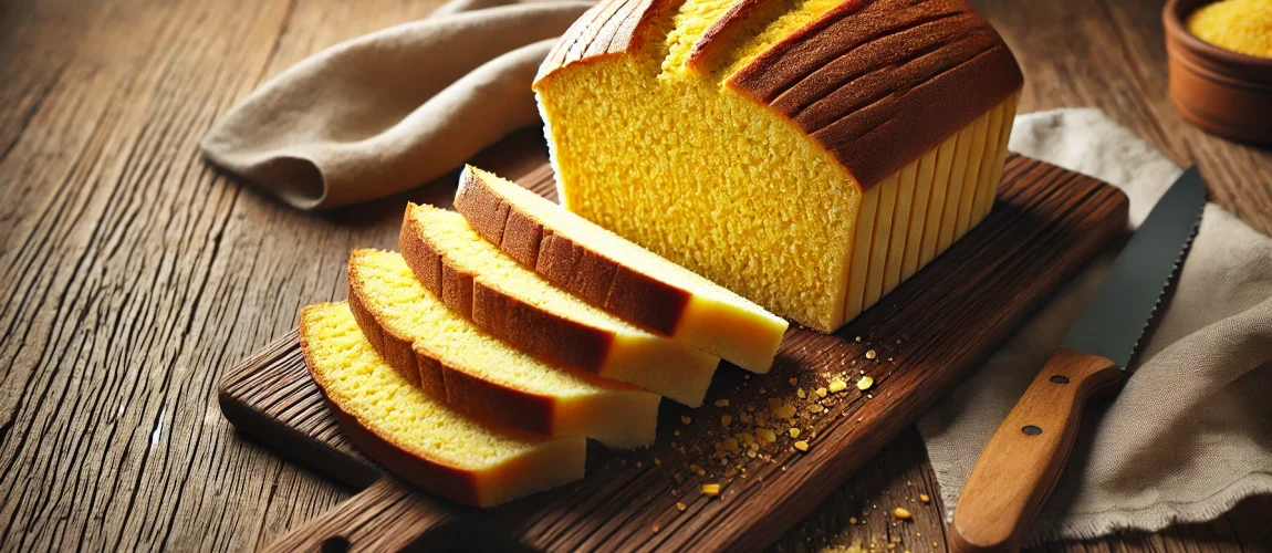 Bolo de Pão Milho, un pan de maíz con una corteza dorada y un interior de color amarillo.