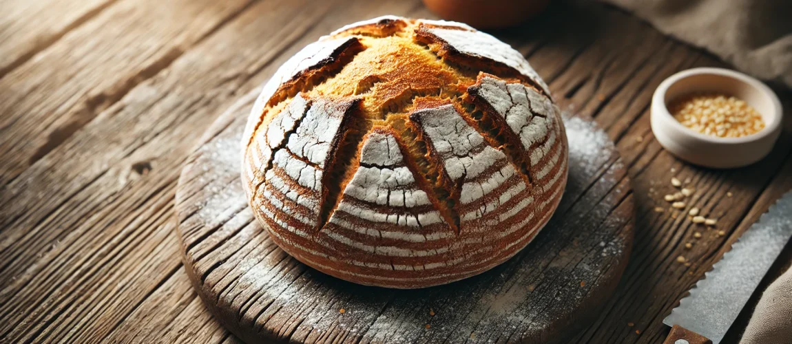 Broa Tradicional de Milho, un pan redondo con corteza rústica y grietas en la superficie.