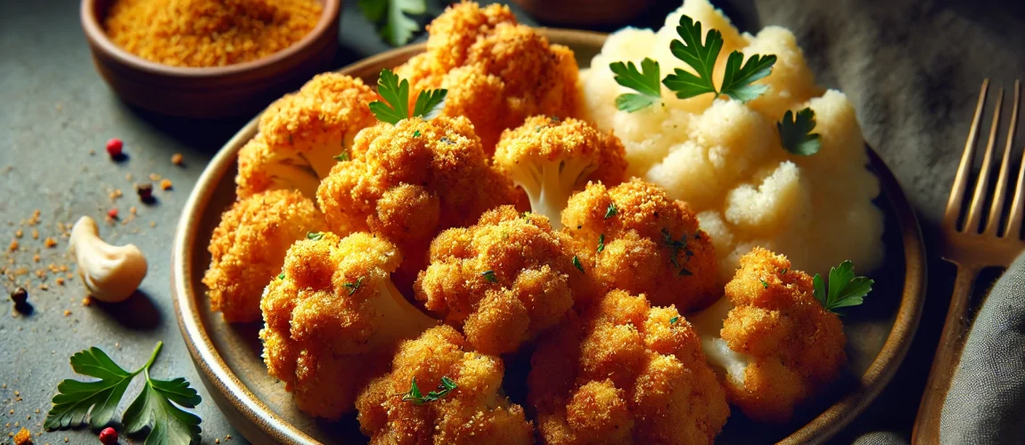 Un plato de coliflor rebozada, con floretes dorados y crujientes, acompañados de puré de papas esponjoso y decorado con perejil fresco.