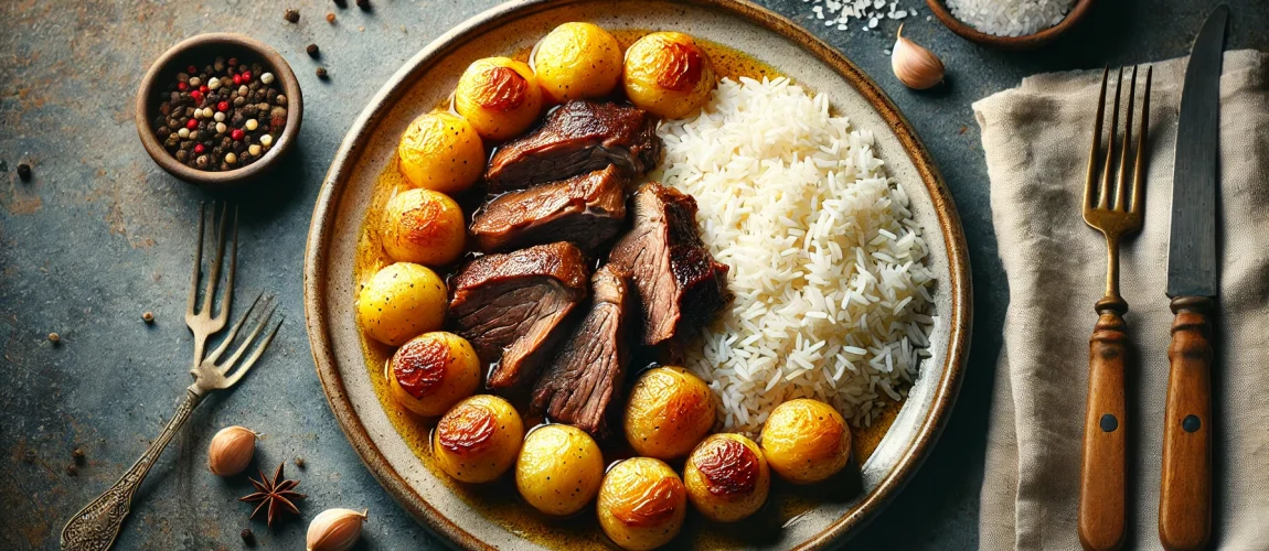 Cabrito asado acompañado de arroz blanco, papas doradas y guiso de sarapatel.