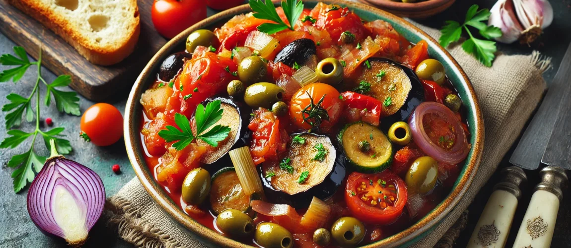Caponata siciliana con berenjenas, tomates, aceitunas, cebolla y alcaparras, servida con pan crujiente.