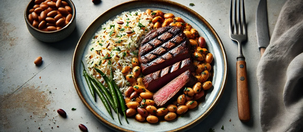 Plato portugués de carne cachena a la parrilla, acompañado de arroz con frijoles y guarnición de judías verdes, presentado en un plato rústico.