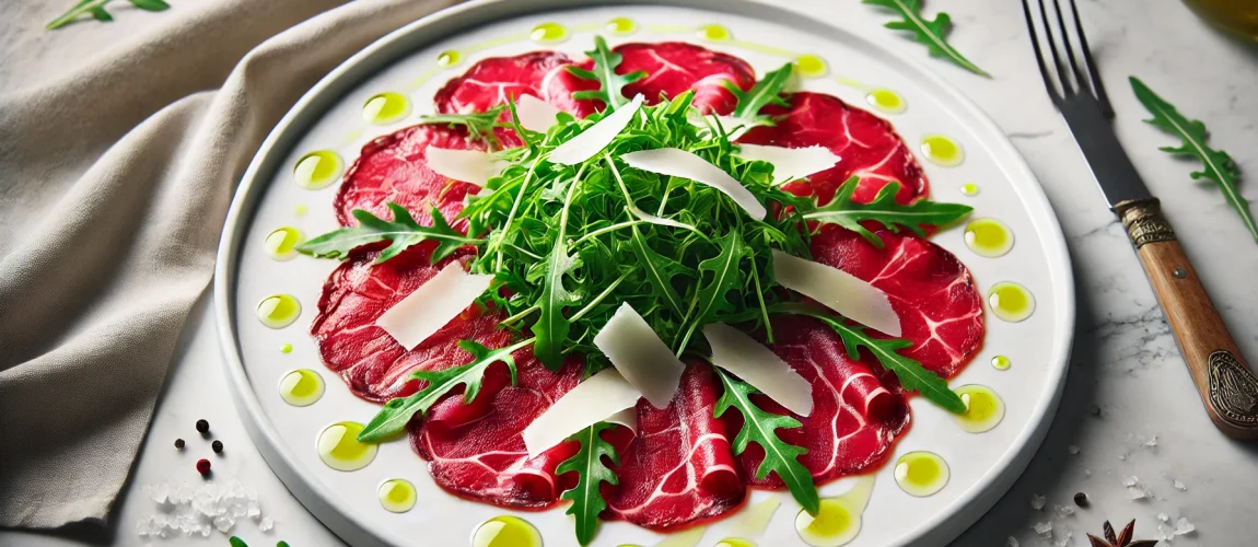 Carpaccio de ternera con rúcula fresca, virutas de queso parmesano y aceite de oliva.