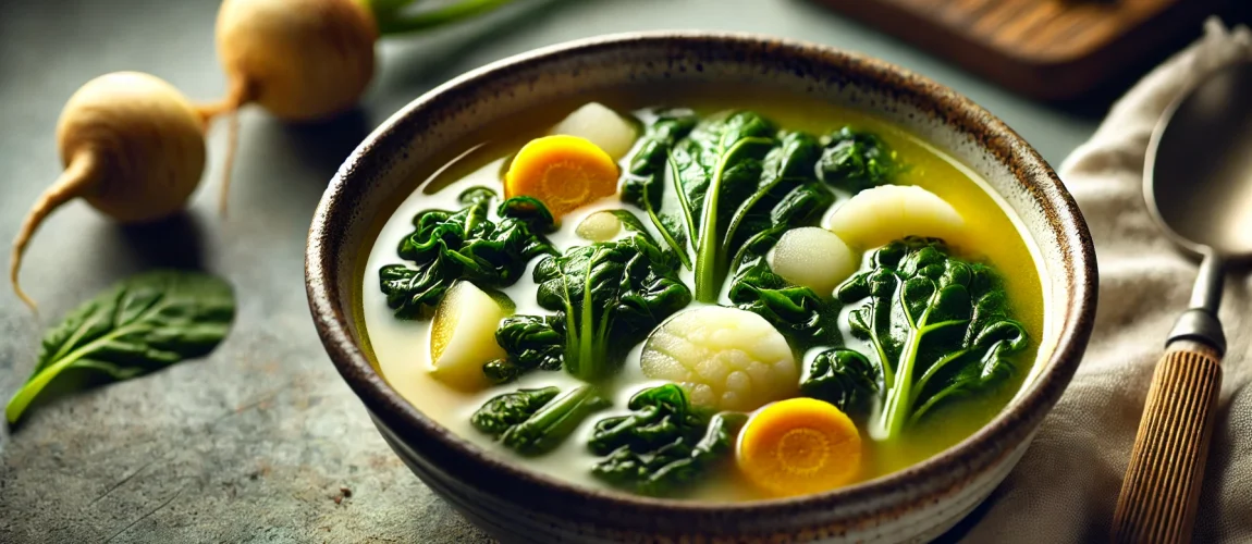 Un cuenco de Caldo de Nabiça, una sopa tradicional portuguesa hecha con hojas de nabo, zanahorias y nabos en una base de caldo amarillo brillante.