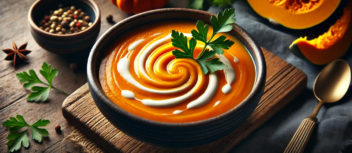 Un tazón de caldo de abóbora, una sopa cremosa de calabaza con crema decorativa en espiral y una ramita de perejil fresco. El fondo muestra una calabaza cortada y especias sobre una mesa de madera.
