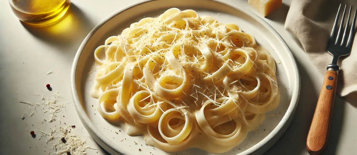 Plato de fettuccine Alfredo, cubierto con una cremosa salsa de mantequilla, crema y queso parmesano, servido en un plato blanco con pimienta negra.