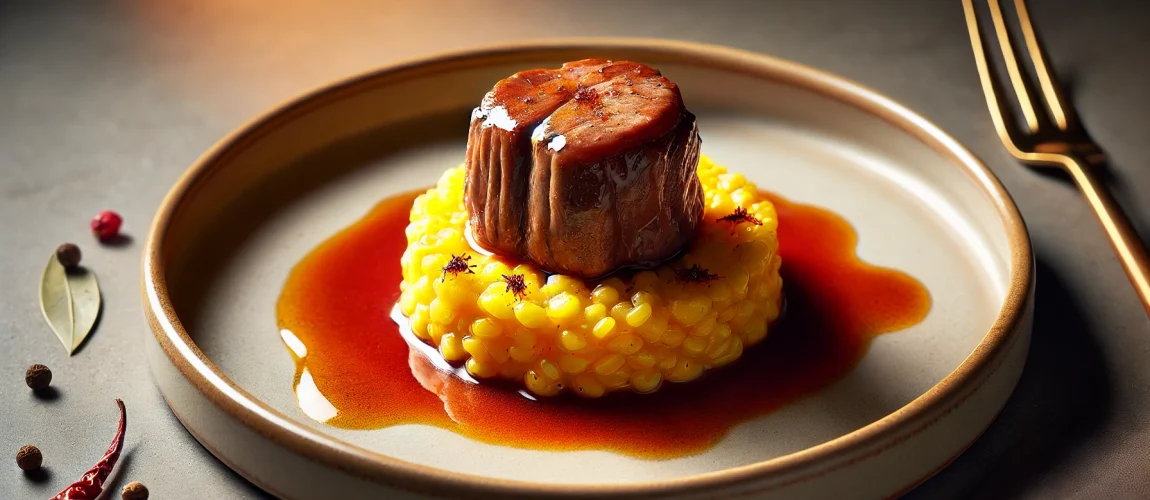 Plato de degustación de Ossobuco alla Milanese, con una pequeña porción de carne tierna servida sobre risotto al azafrán y una salsa de vino y tomate.