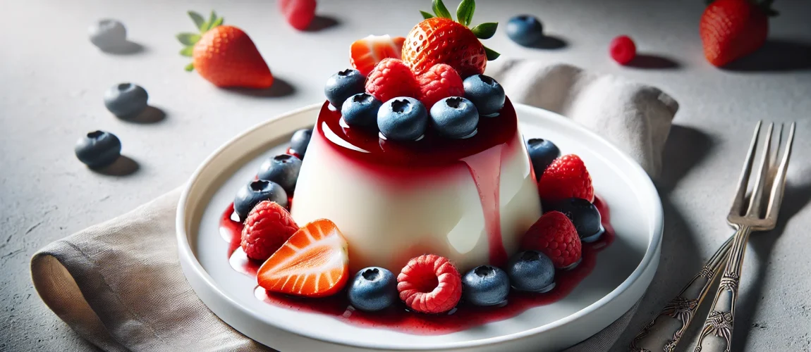 Postre italiano de Panna Cotta servido con fresas, frambuesas, arándanos y salsa de frutas rojas.